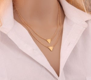 2018 New Women Fashion Gold Color 3 Layers Chain Necklace Hollow Out Triangle Long Pendant Necklaces Jewelry Free shipping