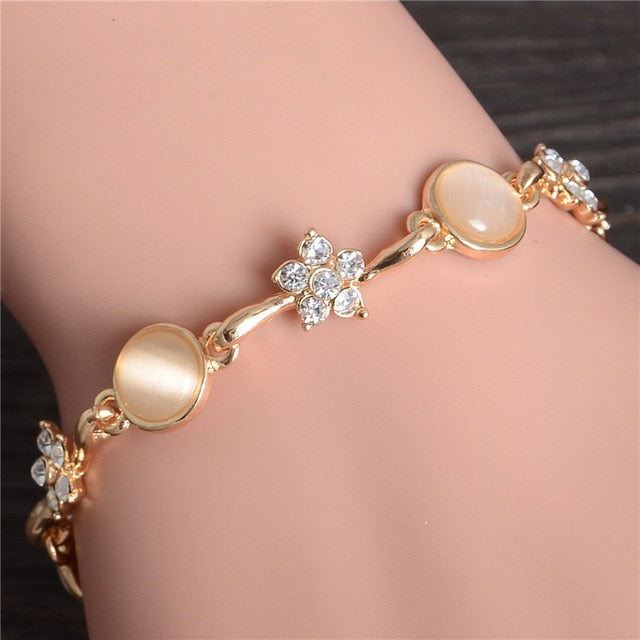 Women Fashion Bridal Jewelry Flower Opal Charm Bracelets Gold Color Crystal Statement Bracelets & Bangles