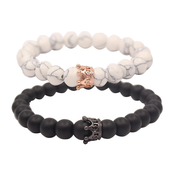 UEUC King&Queen Crown Distance Couple Bracelets His Hers Black Matte Agate 8mm Beads Bracelet