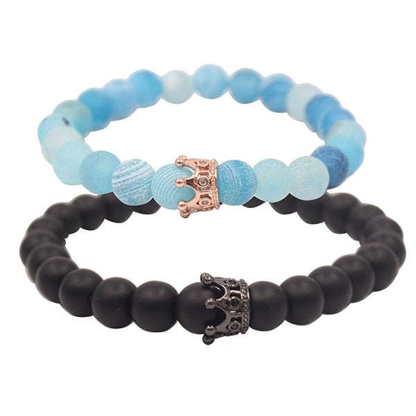 UEUC King&Queen Crown Distance Couple Bracelets His Hers Black Matte Agate 8mm Beads Bracelet
