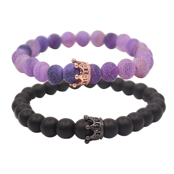 UEUC King&Queen Crown Distance Couple Bracelets His Hers Black Matte Agate 8mm Beads Bracelet
