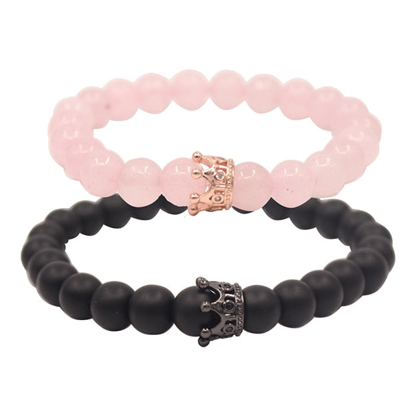 UEUC King&Queen Crown Distance Couple Bracelets His Hers Black Matte Agate 8mm Beads Bracelet