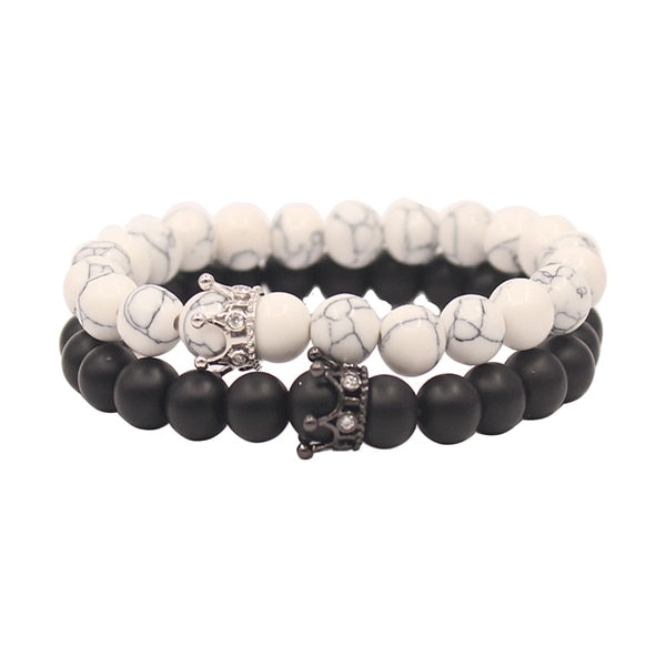UEUC King&Queen Crown Distance Couple Bracelets His Hers Black Matte Agate 8mm Beads Bracelet