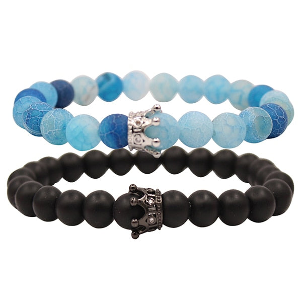 UEUC King&Queen Crown Distance Couple Bracelets His Hers Black Matte Agate 8mm Beads Bracelet