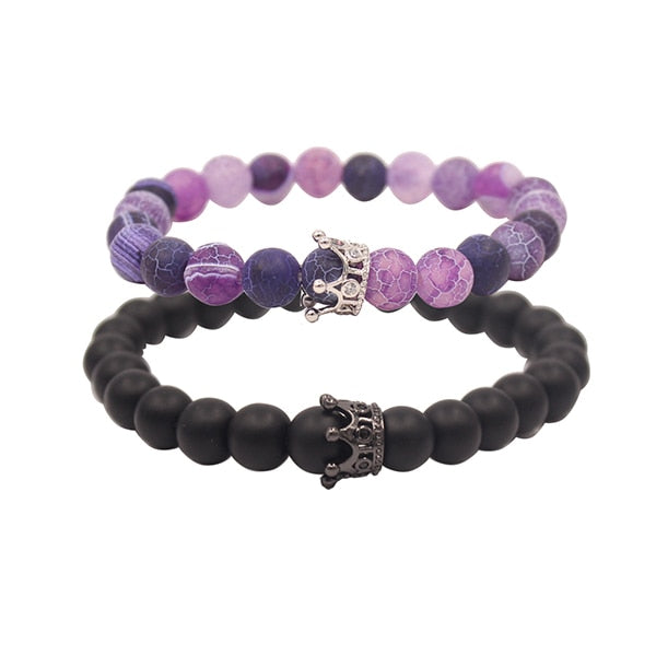 UEUC King&Queen Crown Distance Couple Bracelets His Hers Black Matte Agate 8mm Beads Bracelet