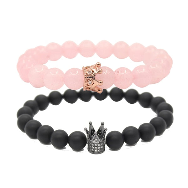 UEUC King&Queen Crown Distance Couple Bracelets His Hers Black Matte Agate 8mm Beads Bracelet