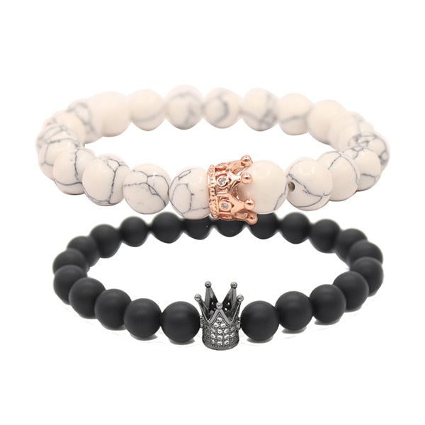 UEUC King&Queen Crown Distance Couple Bracelets His Hers Black Matte Agate 8mm Beads Bracelet