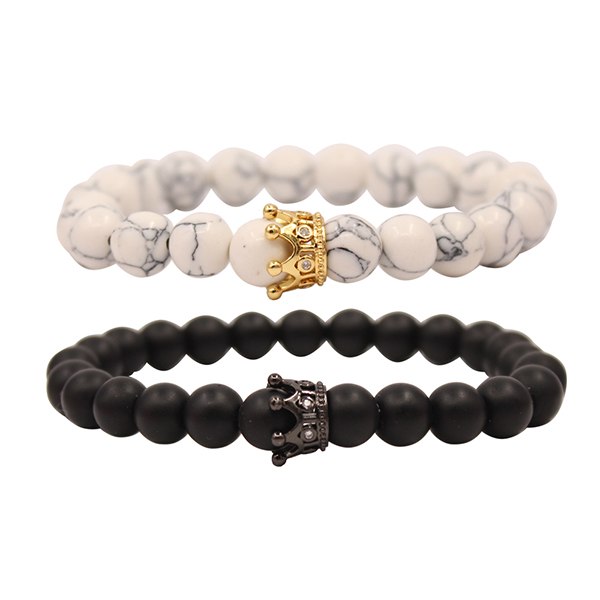 UEUC King&Queen Crown Distance Couple Bracelets His Hers Black Matte Agate 8mm Beads Bracelet