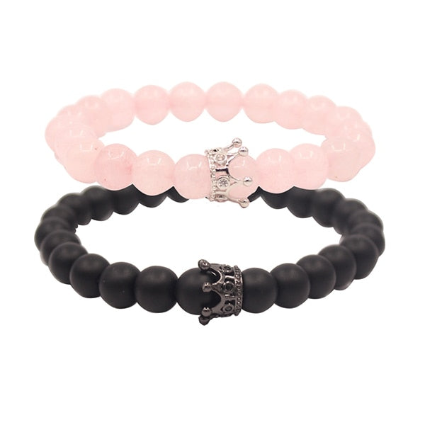 UEUC King&Queen Crown Distance Couple Bracelets His Hers Black Matte Agate 8mm Beads Bracelet