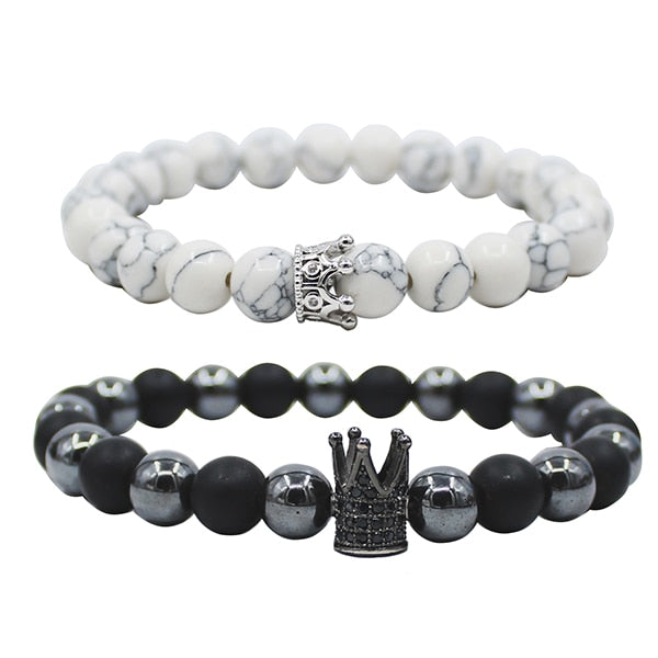 UEUC King&Queen Crown Distance Couple Bracelets His Hers Black Matte Agate 8mm Beads Bracelet