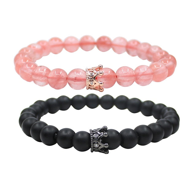 UEUC King&Queen Crown Distance Couple Bracelets His Hers Black Matte Agate 8mm Beads Bracelet