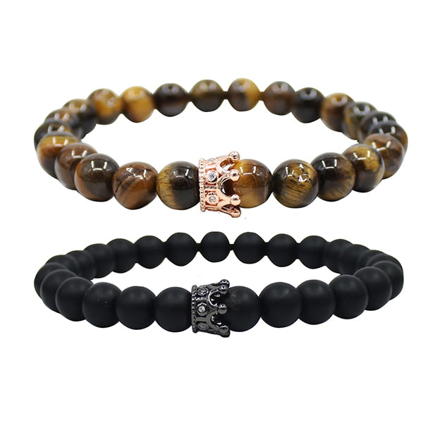 UEUC King&Queen Crown Distance Couple Bracelets His Hers Black Matte Agate 8mm Beads Bracelet
