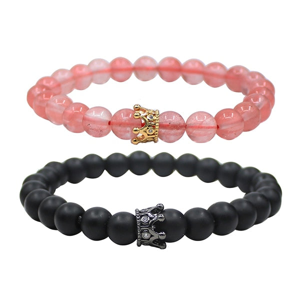 UEUC King&Queen Crown Distance Couple Bracelets His Hers Black Matte Agate 8mm Beads Bracelet