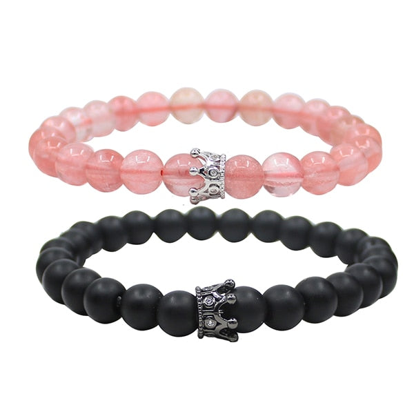 UEUC King&Queen Crown Distance Couple Bracelets His Hers Black Matte Agate 8mm Beads Bracelet
