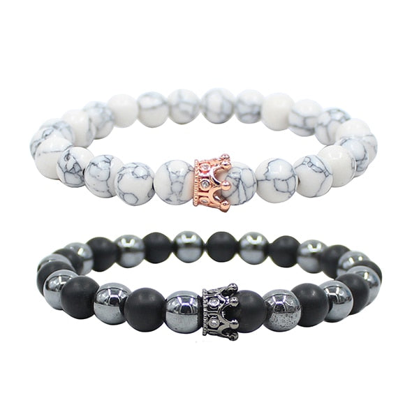 UEUC King&Queen Crown Distance Couple Bracelets His Hers Black Matte Agate 8mm Beads Bracelet