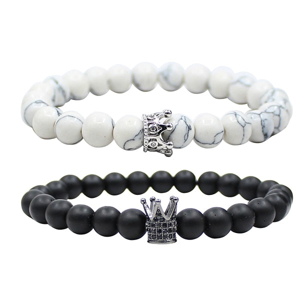 UEUC King&Queen Crown Distance Couple Bracelets His Hers Black Matte Agate 8mm Beads Bracelet