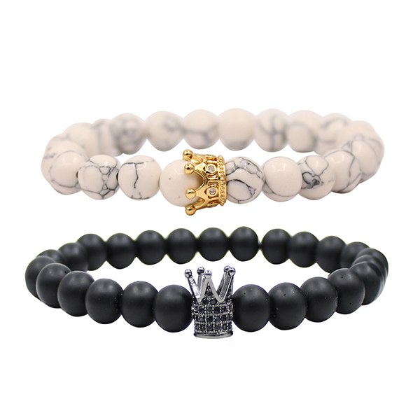 UEUC King&Queen Crown Distance Couple Bracelets His Hers Black Matte Agate 8mm Beads Bracelet