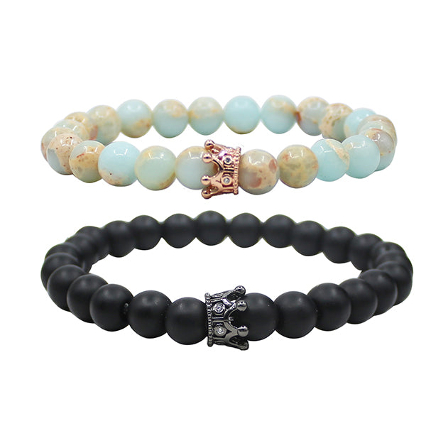 UEUC King&Queen Crown Distance Couple Bracelets His Hers Black Matte Agate 8mm Beads Bracelet