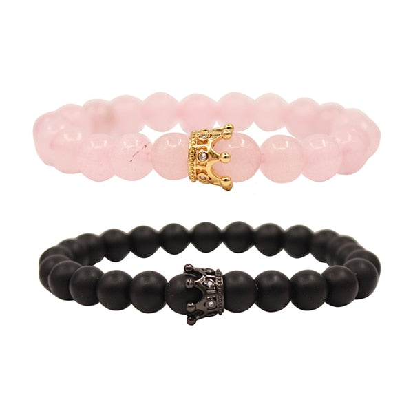 UEUC King&Queen Crown Distance Couple Bracelets His Hers Black Matte Agate 8mm Beads Bracelet