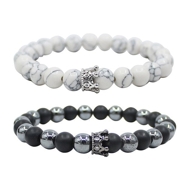UEUC King&Queen Crown Distance Couple Bracelets His Hers Black Matte Agate 8mm Beads Bracelet