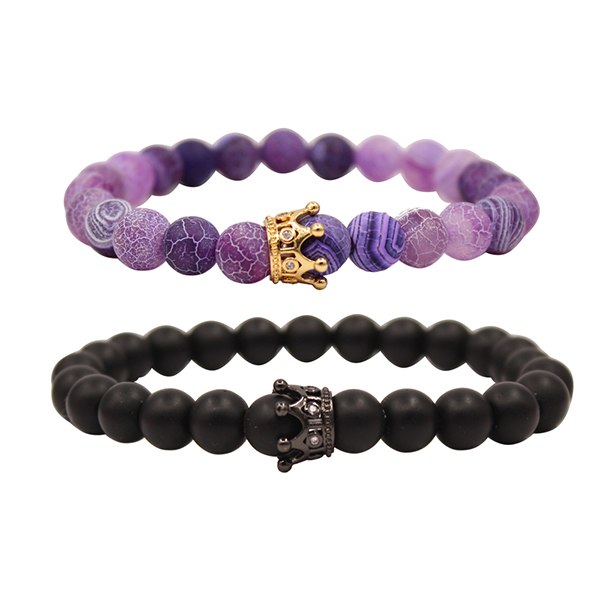 UEUC King&Queen Crown Distance Couple Bracelets His Hers Black Matte Agate 8mm Beads Bracelet