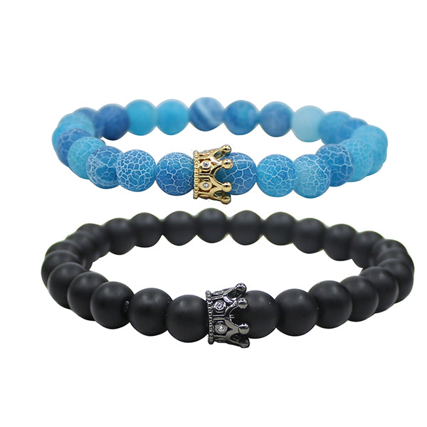 UEUC King&Queen Crown Distance Couple Bracelets His Hers Black Matte Agate 8mm Beads Bracelet