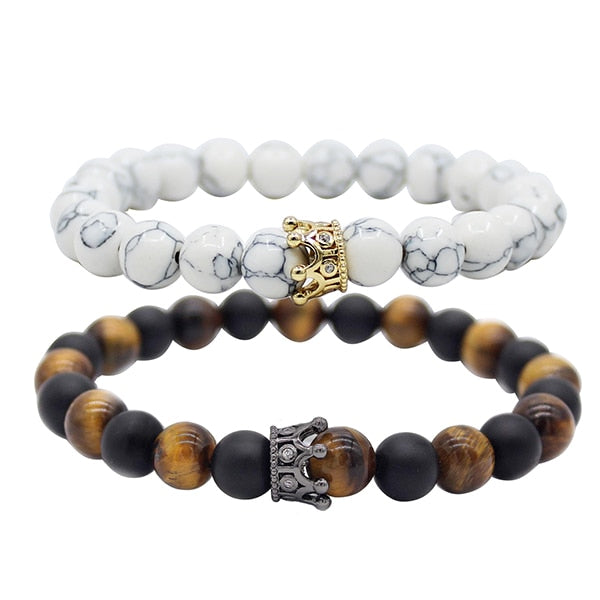 UEUC King&Queen Crown Distance Couple Bracelets His Hers Black Matte Agate 8mm Beads Bracelet