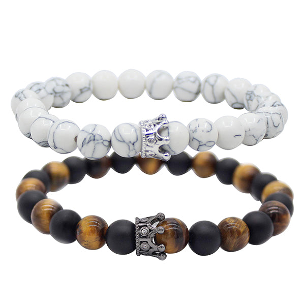 UEUC King&Queen Crown Distance Couple Bracelets His Hers Black Matte Agate 8mm Beads Bracelet