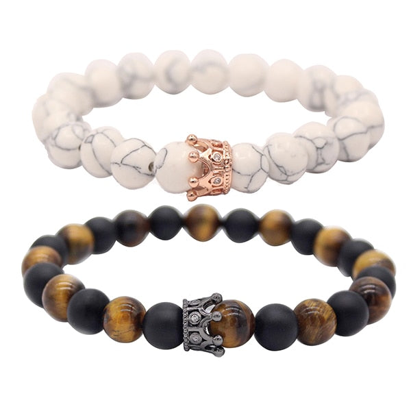 UEUC King&Queen Crown Distance Couple Bracelets His Hers Black Matte Agate 8mm Beads Bracelet