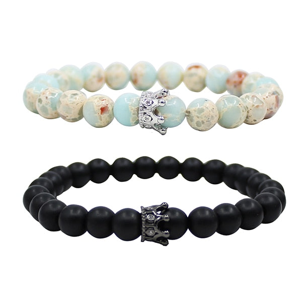 UEUC King&Queen Crown Distance Couple Bracelets His Hers Black Matte Agate 8mm Beads Bracelet